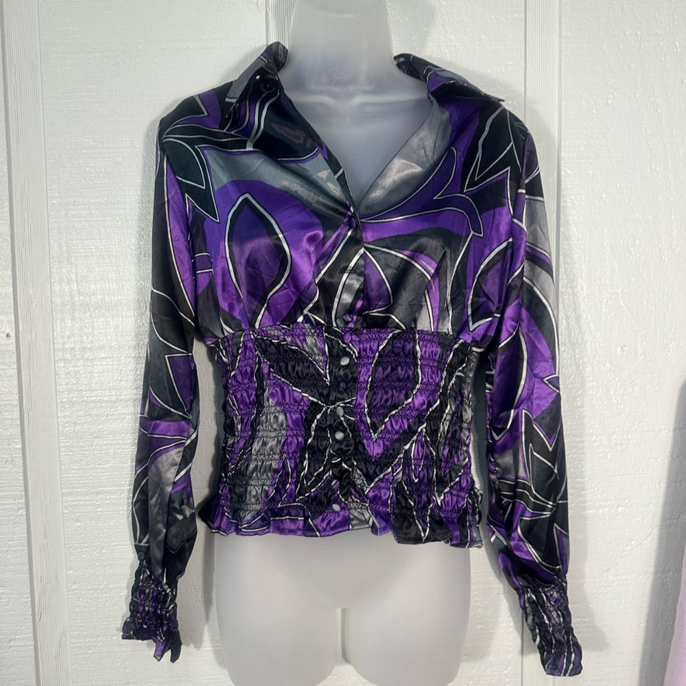MKM Designs Vintage Women’s Purple Geometric Print Top Size Large EUC - Picture 2 of 6